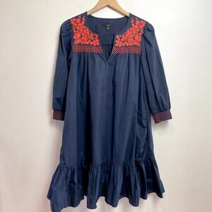 JCrew Embroidered Boho Shift Dress Sz XS Cotton Ruffle Hem Peasant Folk Resort